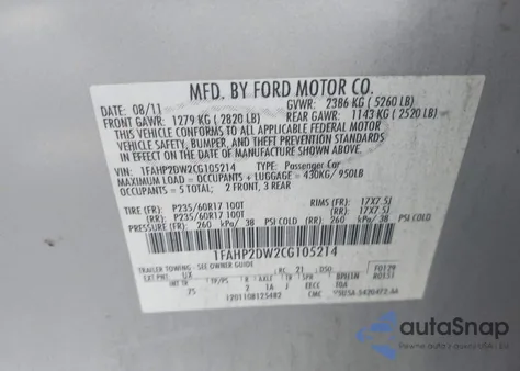 2012 Ford Taurus Se from USA, damaged, VIN 1FAHP2DW2CG105214